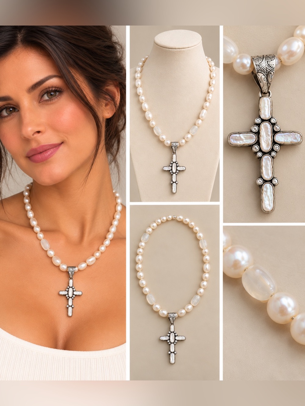 Jay King 925 Sterling Silver Pearl & Mother of Pearl Cross Pendant Necklace 20"